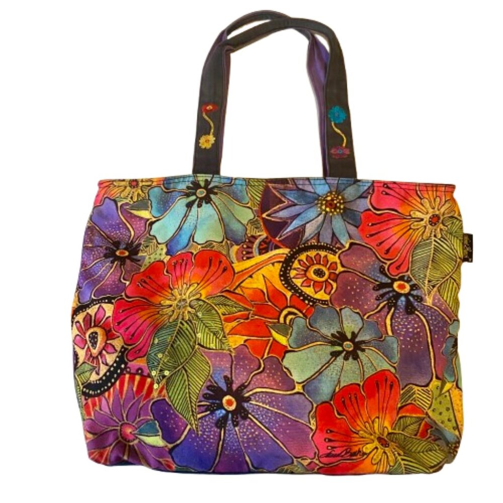 Laurel Burch Large Floral Tote Colorful Vegan Work Bag Overnight Gym Shopper
